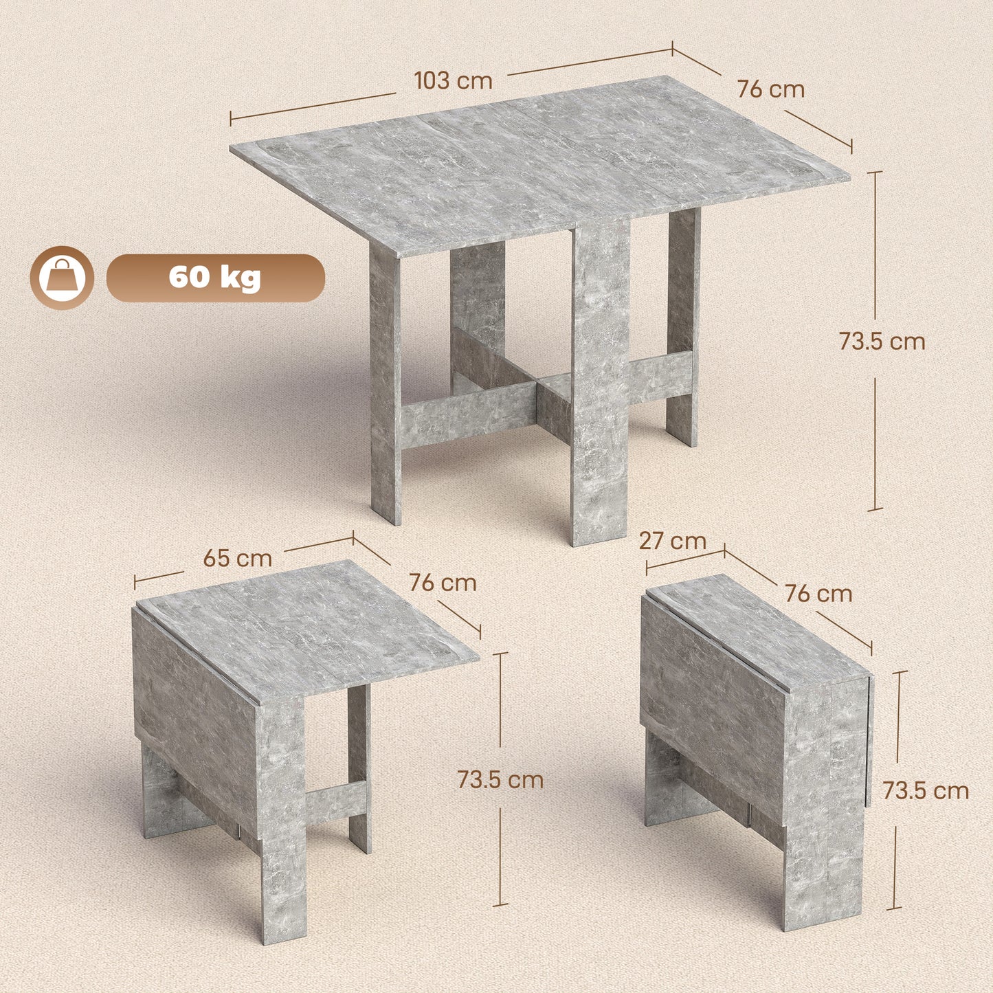 Folding Dining Table, Space-Saving Drop Leaf Kitchen Table for 4-6 People Grey