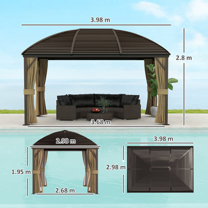 3 x 4m Hardtop Gazebo Canopy with Metal Roof, Aluminium Gazebo Permanent Pavilion with Netting and Curtains, Brown
