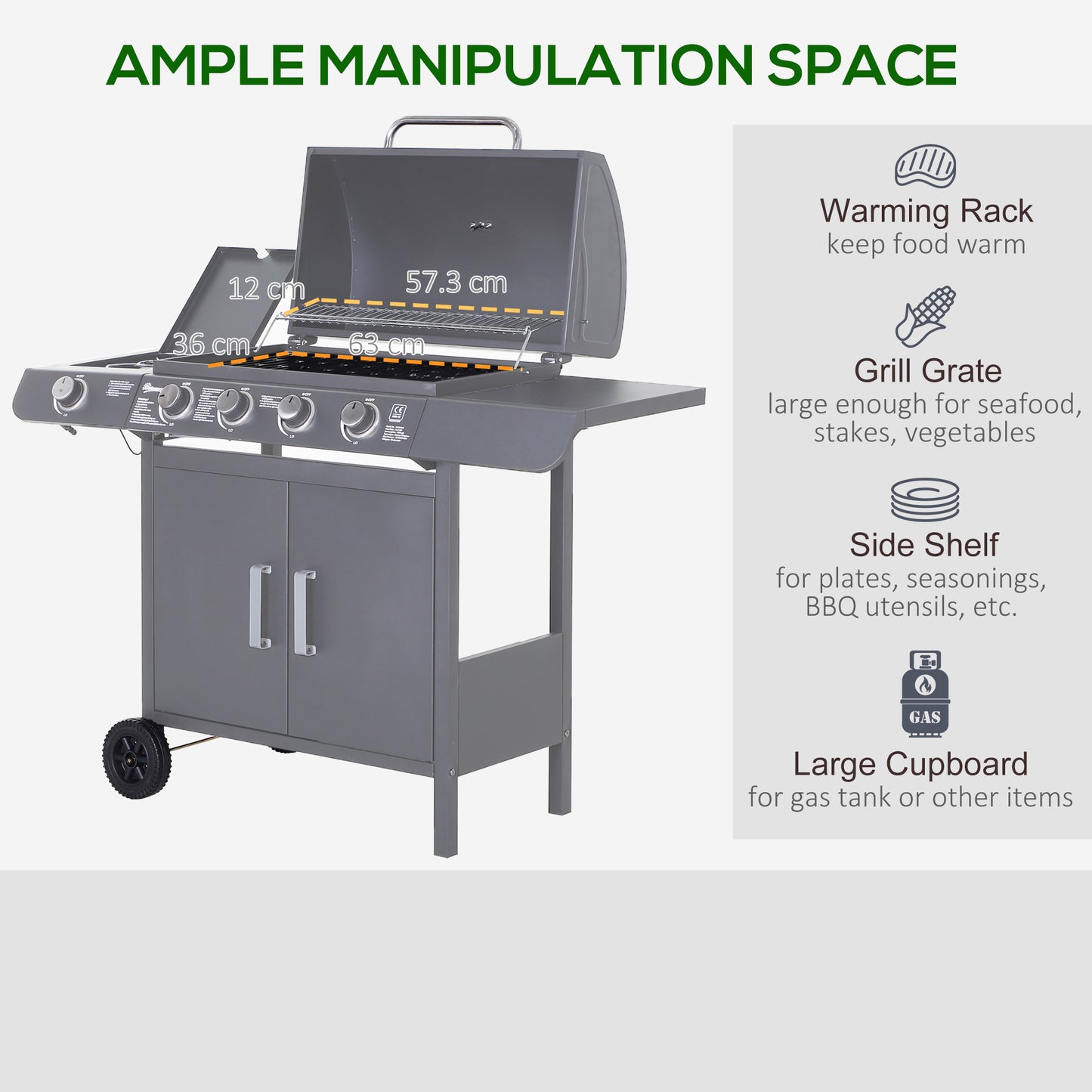 4+1 Burner Gas BBQ Grill, Outdoor Barbecue Trolley with Wheels, Warming Rack, Side Shelves, Cabinet, Thermometer for Garden