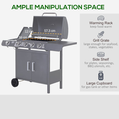 4+1 Burner Gas BBQ Grill, Outdoor Barbecue Trolley with Wheels, Warming Rack, Side Shelves, Cabinet, Thermometer for Garden