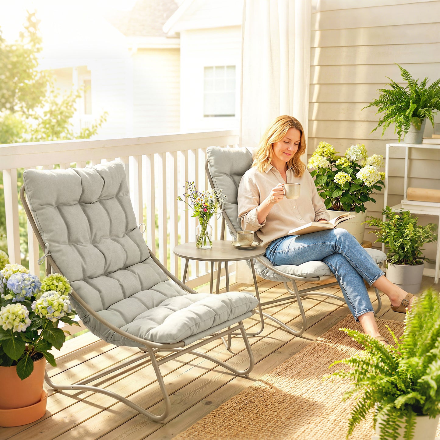 3 Piece Garden Bistro Set, Round Outdoor Bistro Table and Chairs Set for 2 with Texteline Seat and Cushions, Light Grey