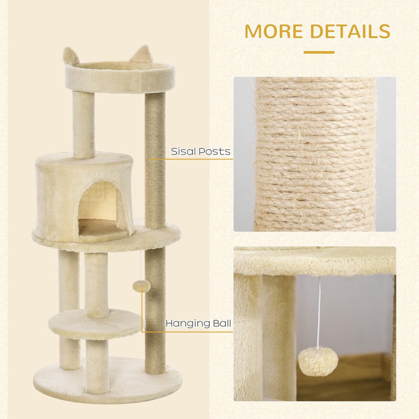 104 cm Cat Tree, Cat Condo Tree Tower, Cat Activity Centre with Scratching Posts, Plush Perches, Hanging Ball - Cream White