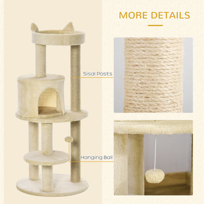 104 cm Cat Tree, Cat Condo Tree Tower, Cat Activity Centre with Scratching Posts, Plush Perches, Hanging Ball - Cream White