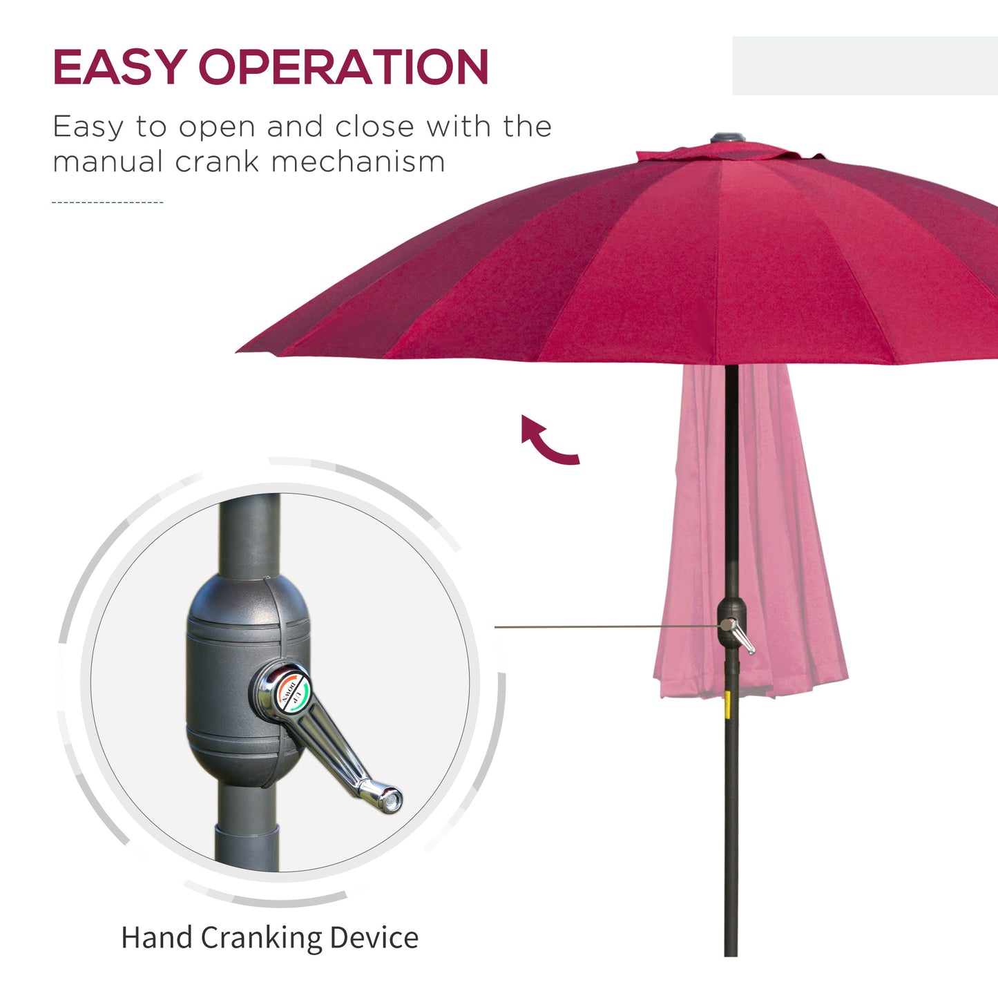 2.5m Shanghai Garden Parasol Umbrella with Crank & Tilt, Adjustable Outdoor Sun Shade, Red