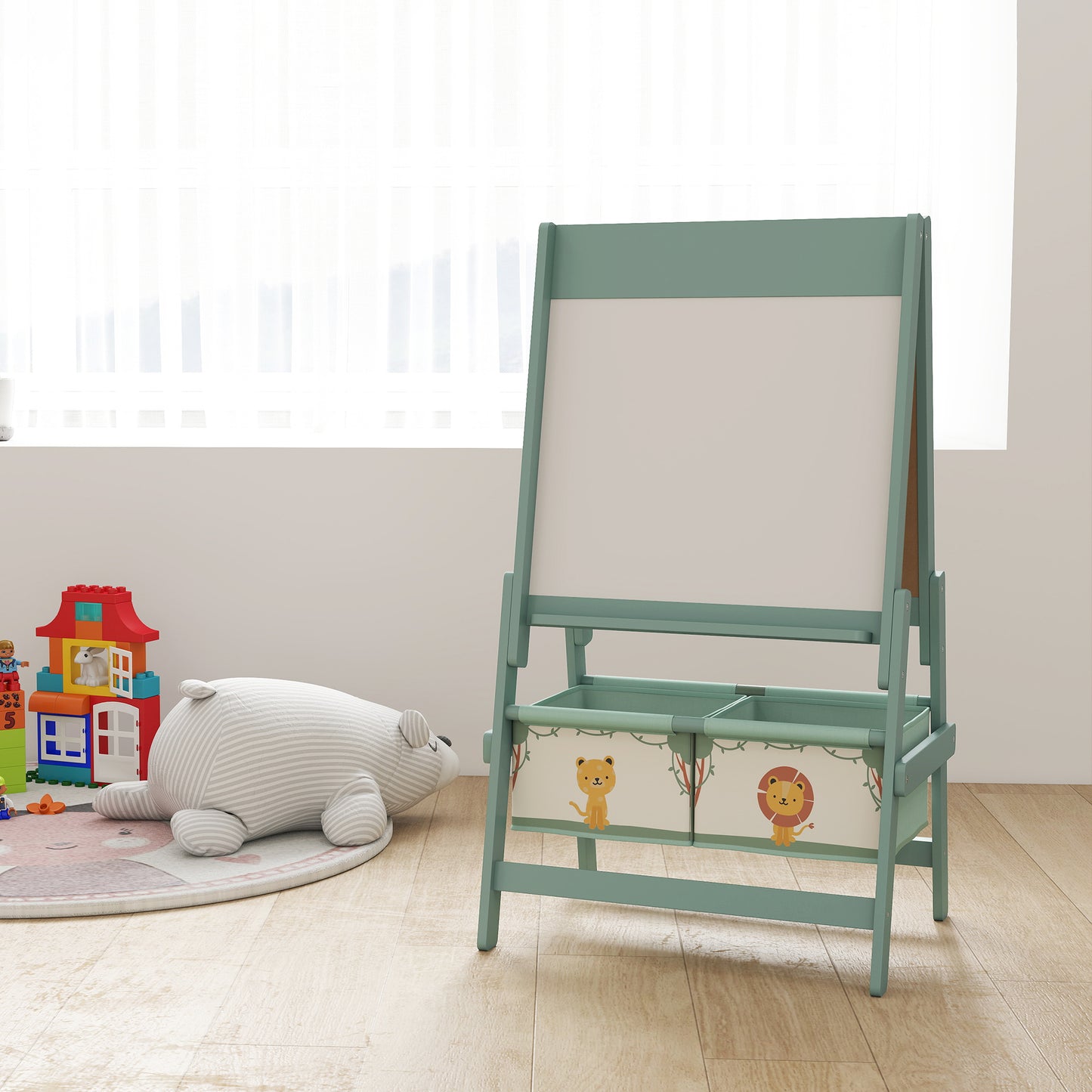 Art Easel for Kids, Double-Sided Whiteboard/Blackboard with Paper Roll, Two Storage Boxes, for Ages 3-8 Years, Green