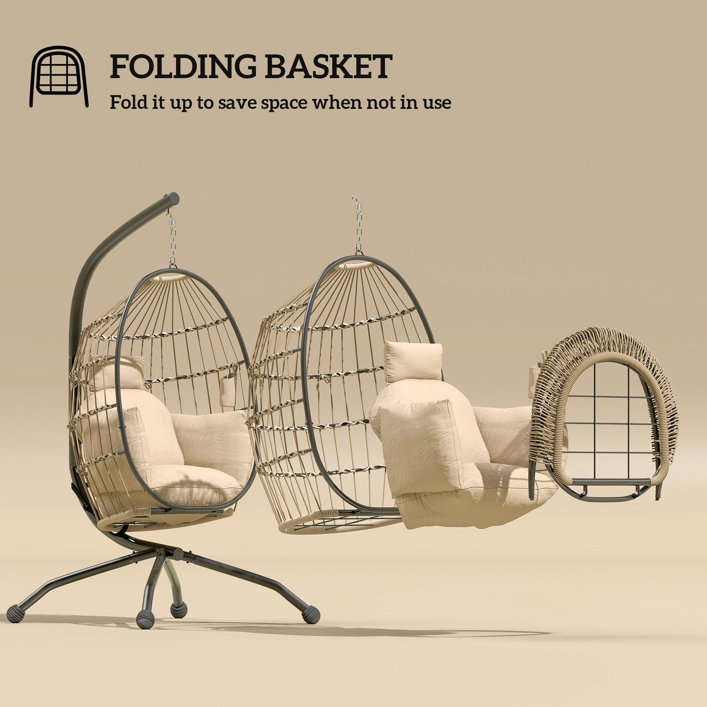 Hanging Egg Chair Outdoor Indoor Garden Swing Chair with Folding Basket and Thickened Cushion