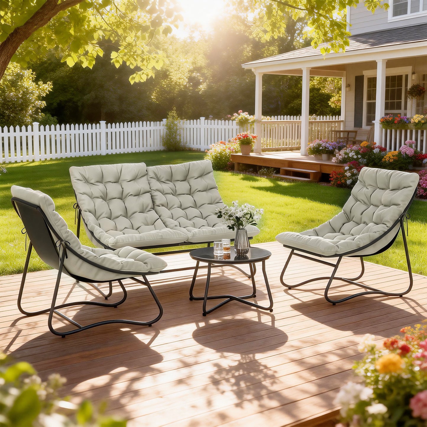 4 Seater Garden Furniture Set, Conversation Set with Loveseat Sofa, Chairs, Glass Coffee Table, Thick Cushions