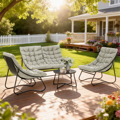 4 Seater Garden Furniture Set, Conversation Set with Loveseat Sofa, Chairs, Glass Coffee Table, Thick Cushions