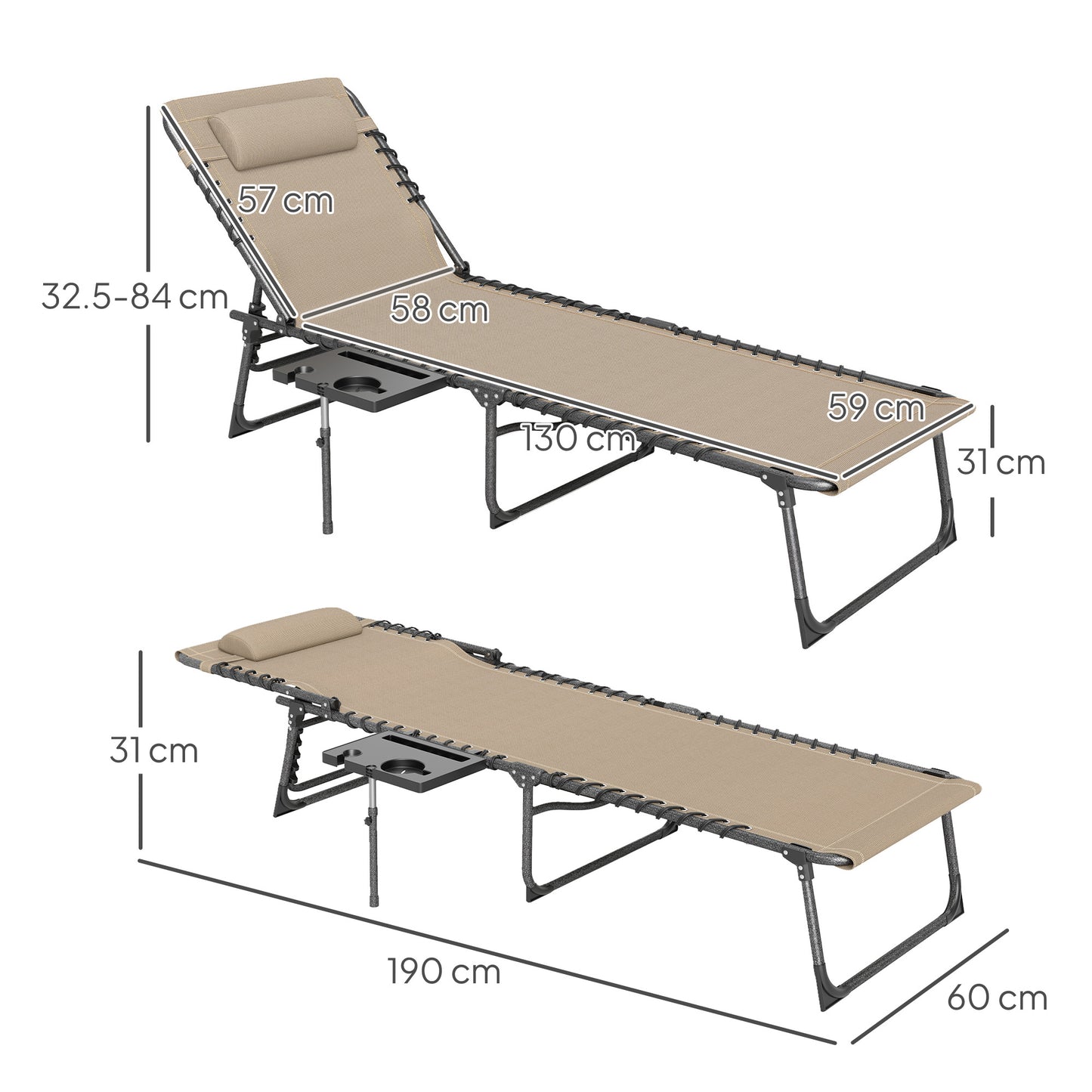 Five-Position Reclining Sun Lounger - Beige