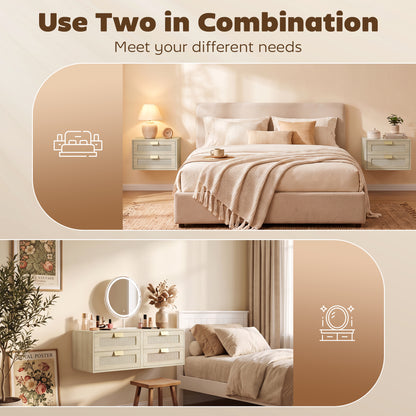 Modern Floating Nightstands Set of 2, Wall Mounted Bedside Tables with 2 Drawers, Oak
