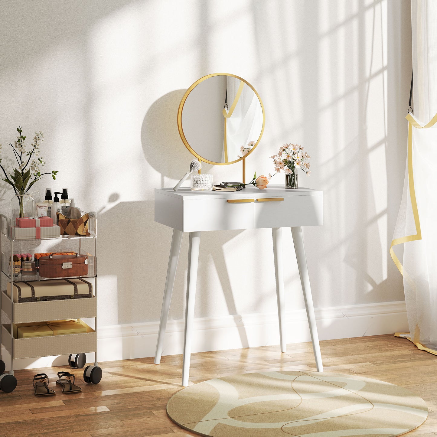 Elegant Dressing Table, with Round Mirror, 60 x 40 x 123 cm - White