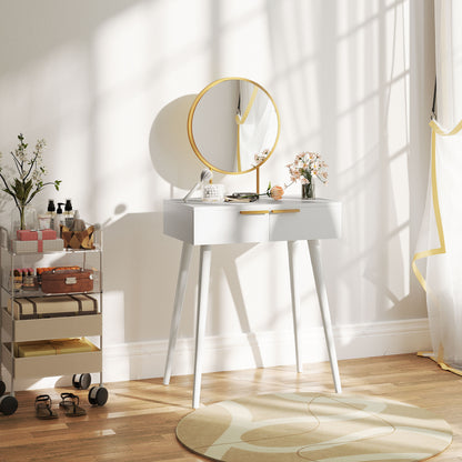 Elegant Dressing Table, with Round Mirror, 60 x 40 x 123 cm - White