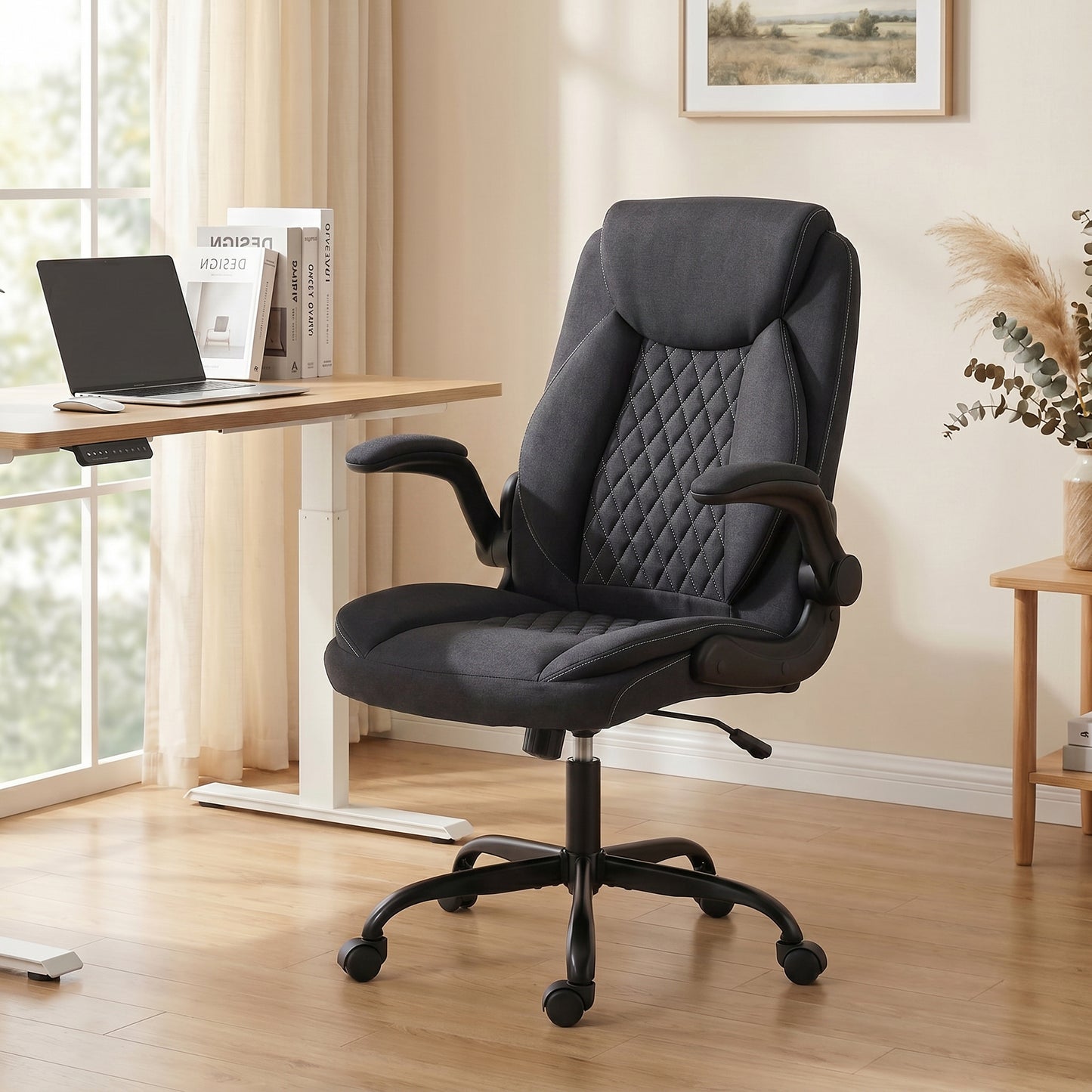 Linen-Look Computer Desk Chair, Executive Office Chair with Flip-Up Armrests and Thick Cushion, Black
