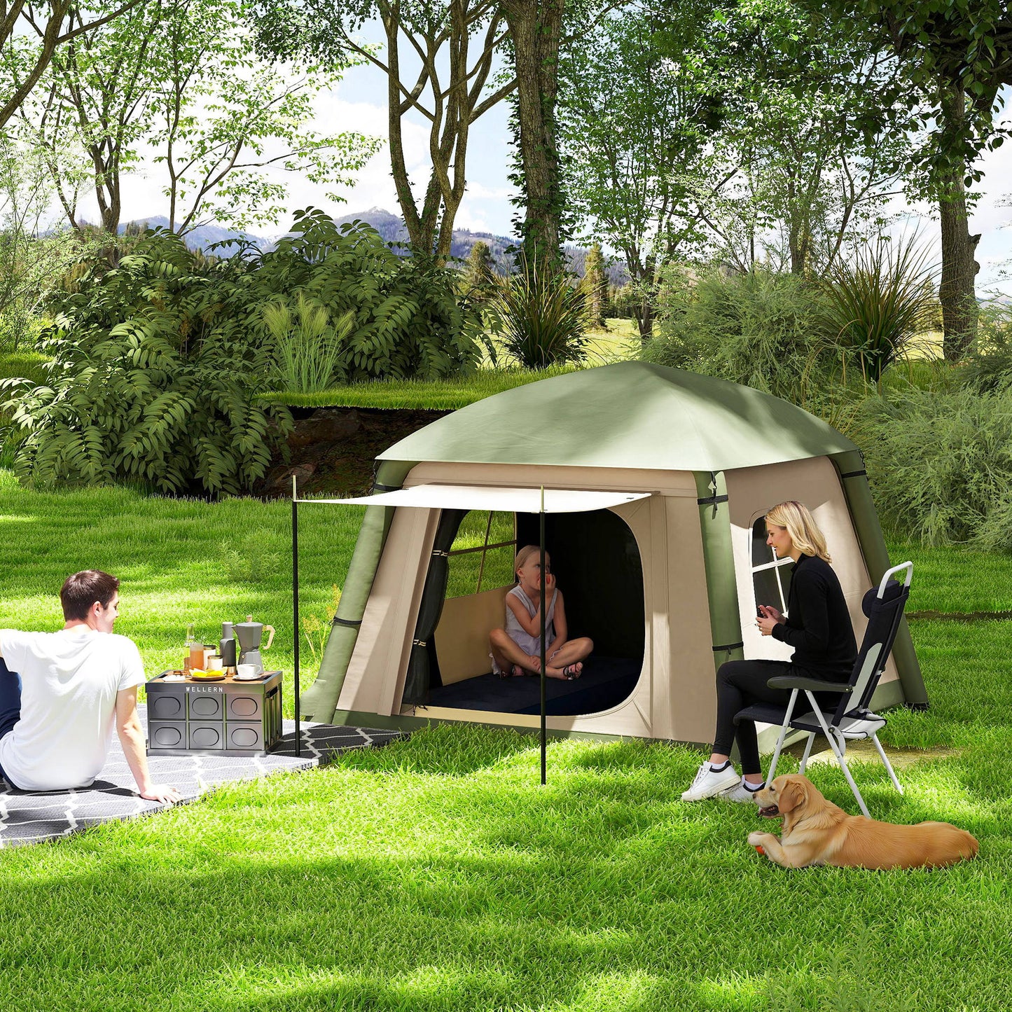 Inflatable Camping Tent w/ Hand Pump, Easy Setup 1/2 Person Blow Up Tent Waterproof 190T Taffeta w/ Mesh Windows