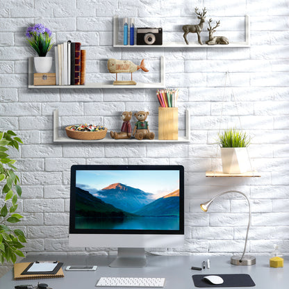 Set of 3 Wooden U-Shaped Floating Shelves Set, 80cm Wall Mounted Hanging Bookshelf