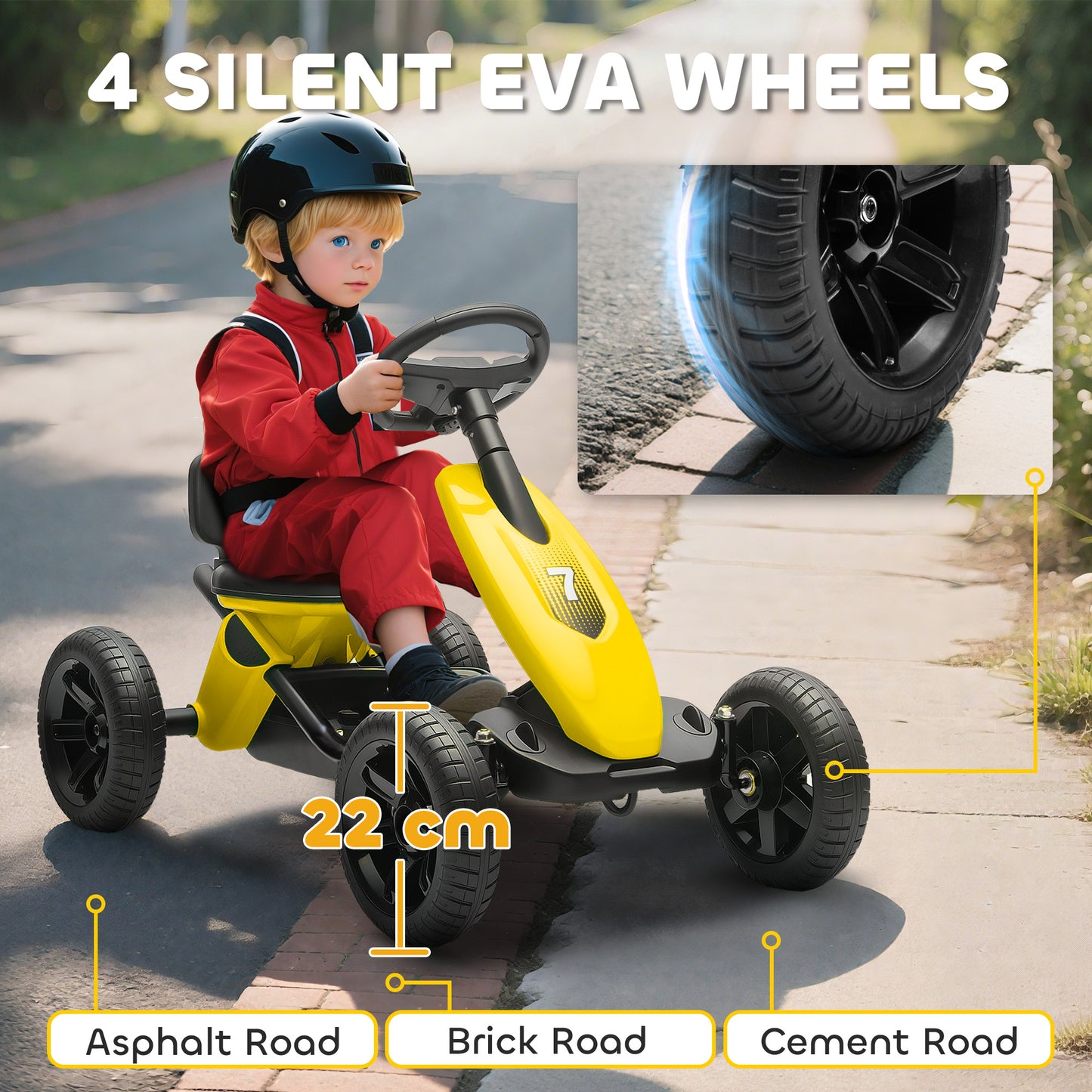 Pedal Go Kart for Kids 2-5 Years, with Silent EVA Wheels, Metal Frame, Yellow