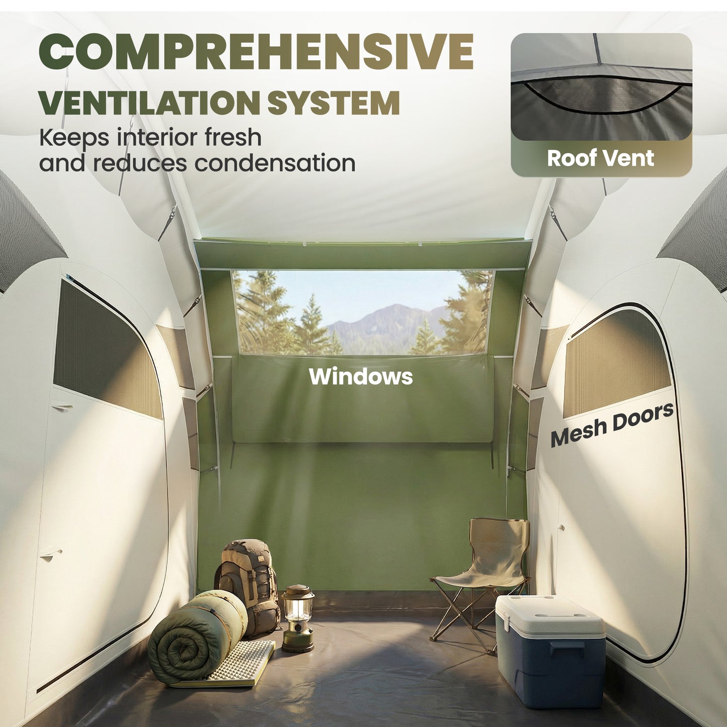 Inflatable Tent 2 Bedroom Tunnel Design Windproof Air Tent with Carry Bag for 4 Person