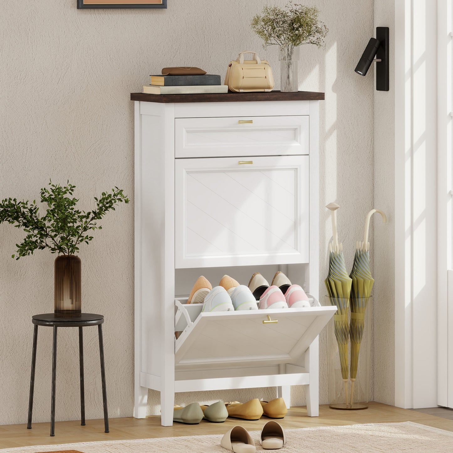 Shoe Cabinet with 2 Flip Drawers, Farmhouse Narrow Shoe Storage Cabinet with Adjustable Shelves, White