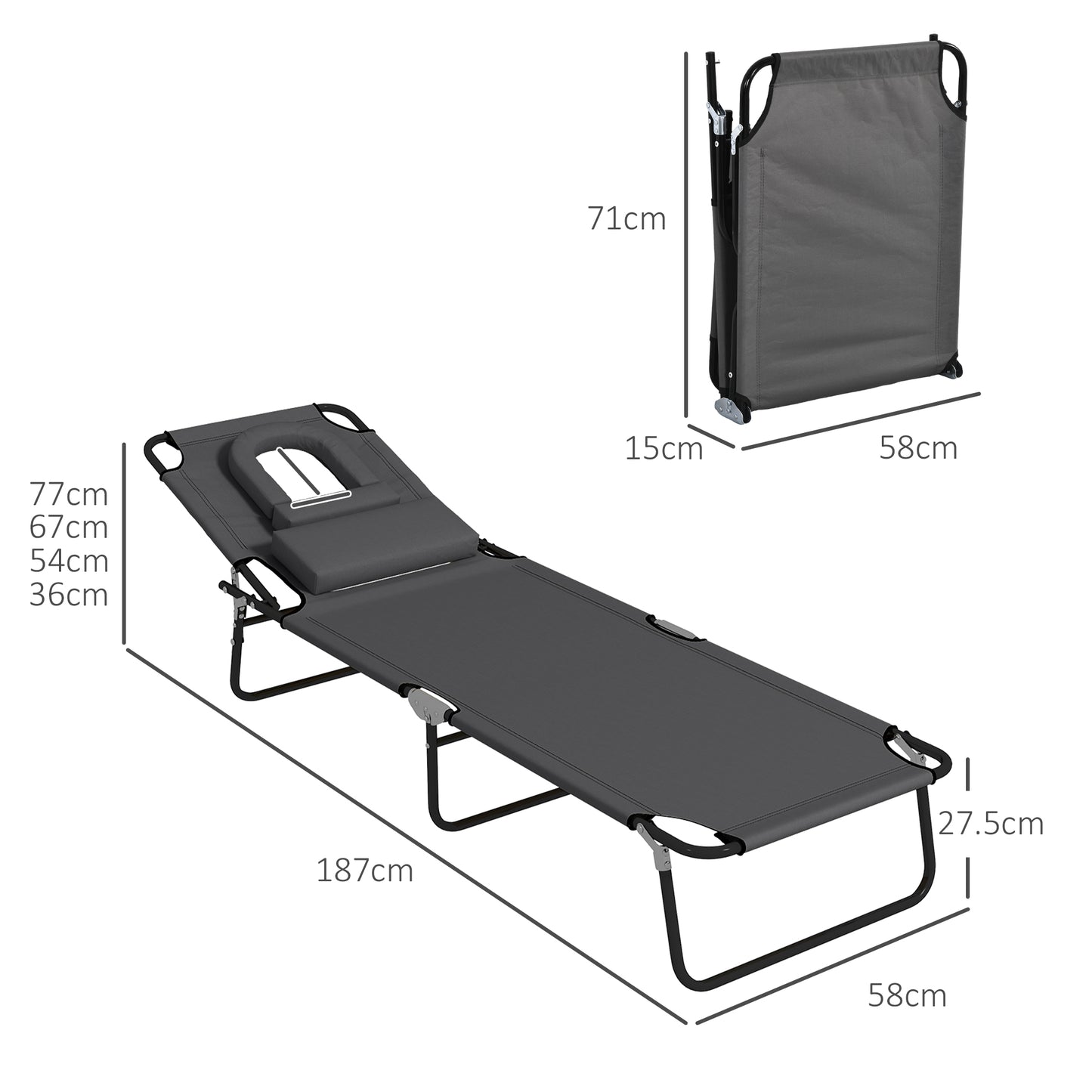 Folding Sun Loungers Set of 2 with Face Hole, 4-Position Adjustable Backrest Garden Recliner Chair Sunbed