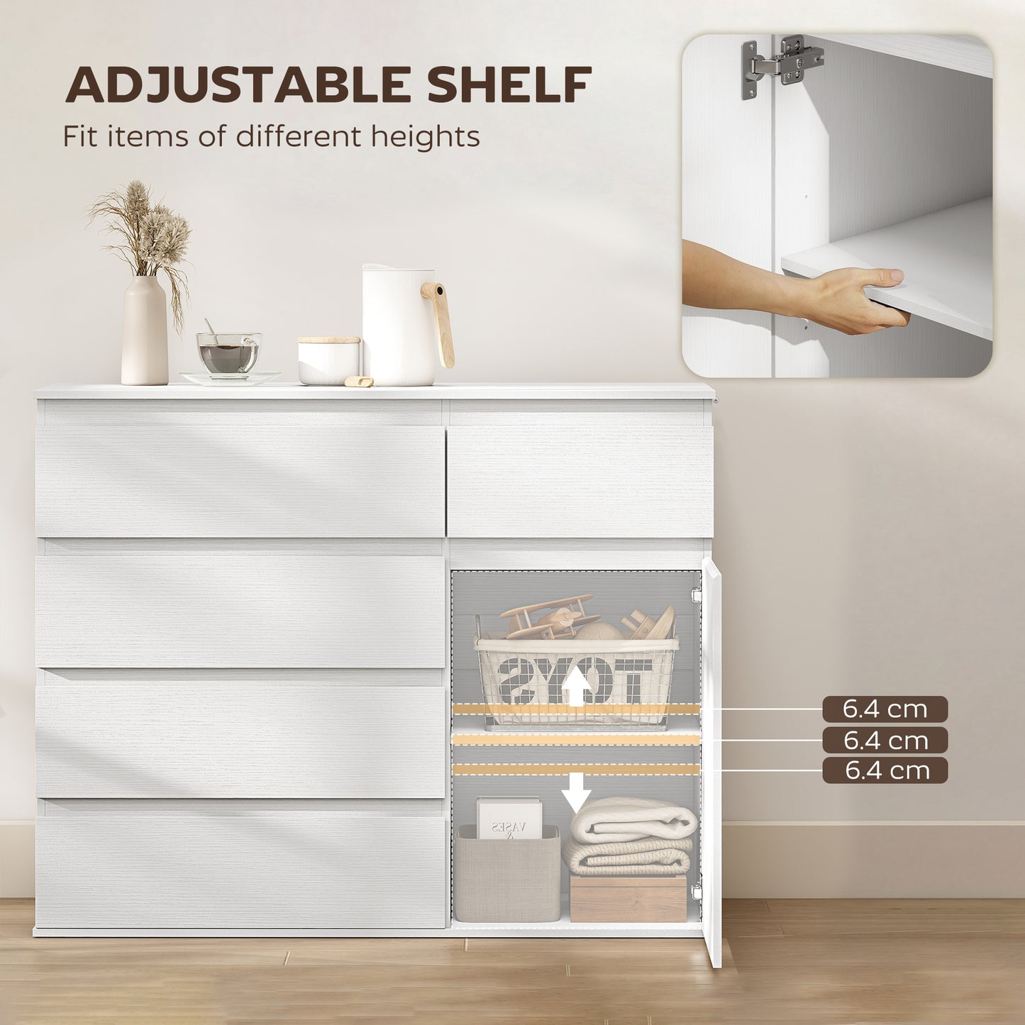 Modern Chest Of Drawers, 5 Drawer Dresser with Adjustable Shelf, Soft-Close Door, White