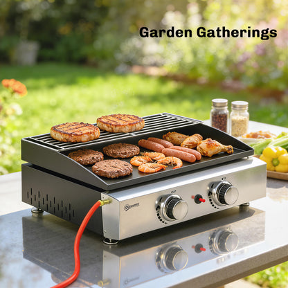 2 Burner Grill Griddle, Portable Gas Plancha with Warming Rack, 5 kW, Tabletop Gas BBQ with Grease Cup, Black