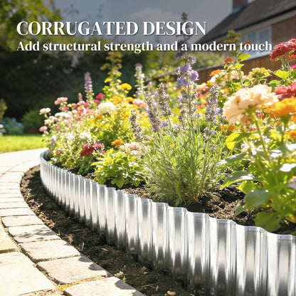 Metal Garden Edging Border, 8 in x 21.3 ft Corrugated Heavy Duty Galvanised Steel Lawn Edging, Silver Tone