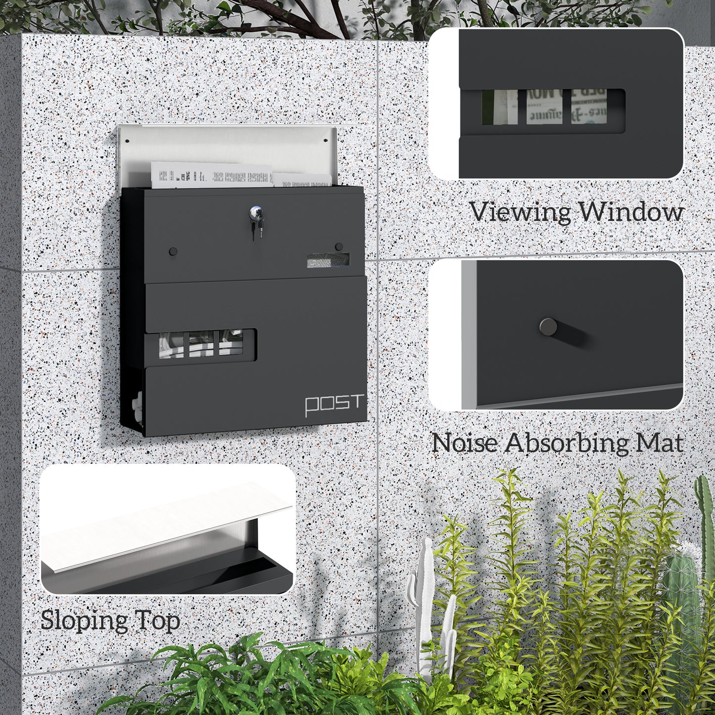 Locking Galvanised Steel Letterbox - Charcoal Grey/Black