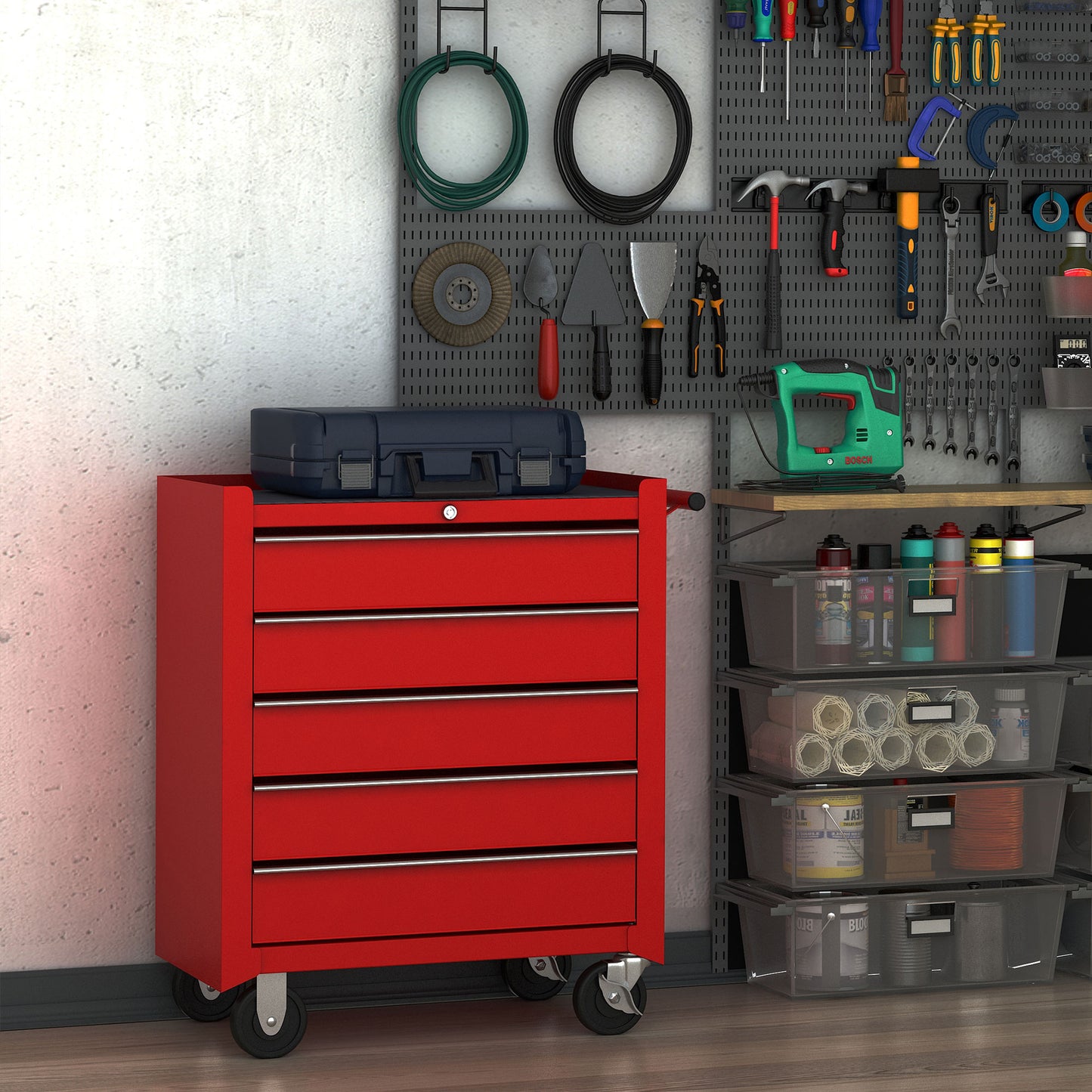 5 Drawer Tool Box on Wheels, Lockable Steel Tool Cabinet with Side Handle, Red