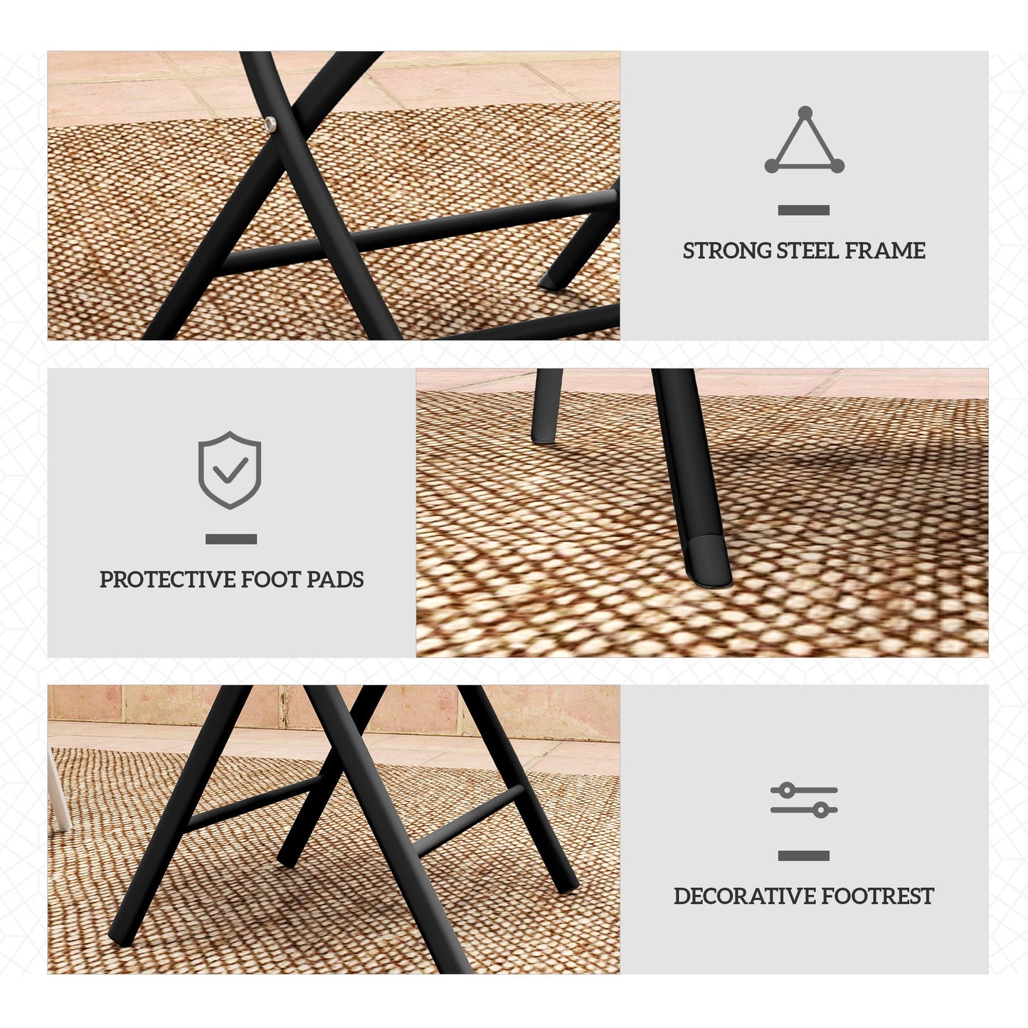 3 Pieces Outdoor Bistro Set, Glass Top Outdoor Table and 2 Folding Chairs with Protecting Feet, Black