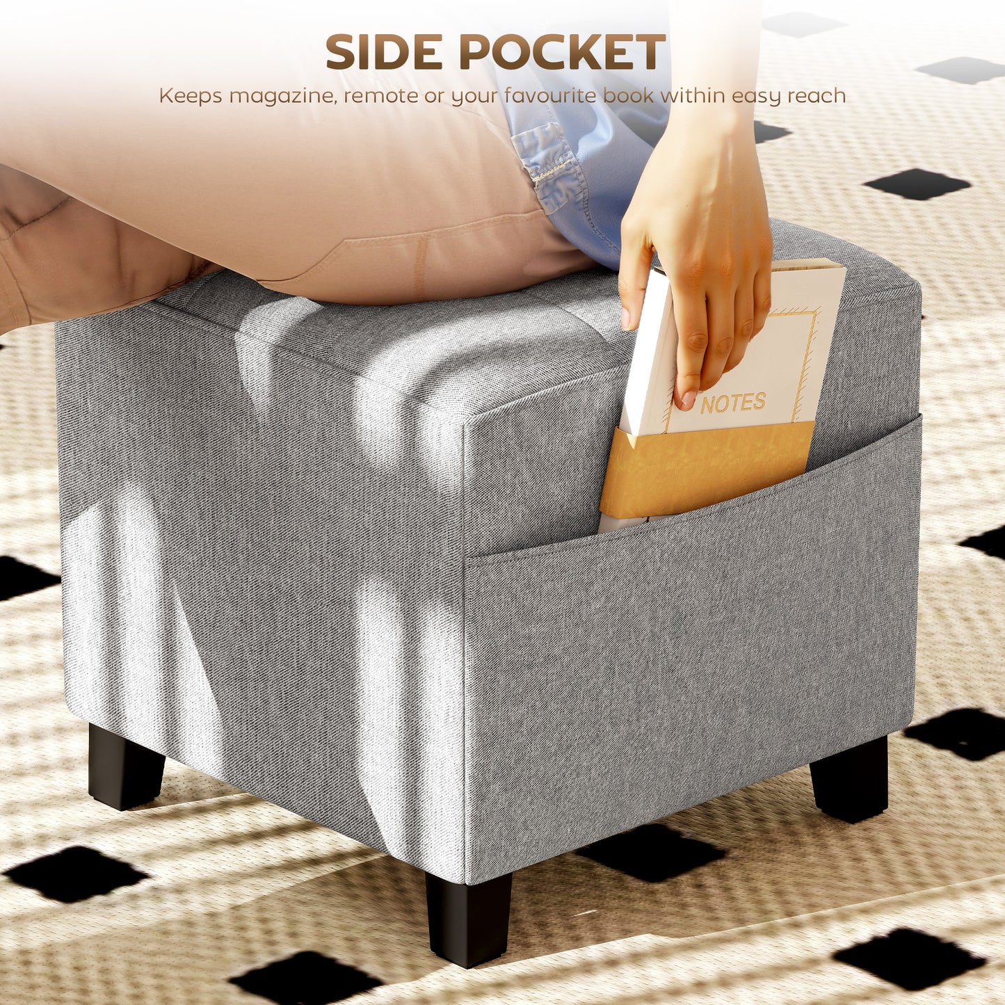 Square Footstool, Small Ottoman with Side Pocket, Linen Fabric Footrest Foot Stool with Rubber Wood Legs and Padded Seat for
