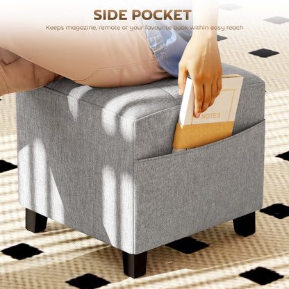 Square Footstool, Small Ottoman with Side Pocket, Linen Fabric Footrest Foot Stool with Rubber Wood Legs and Padded Seat for