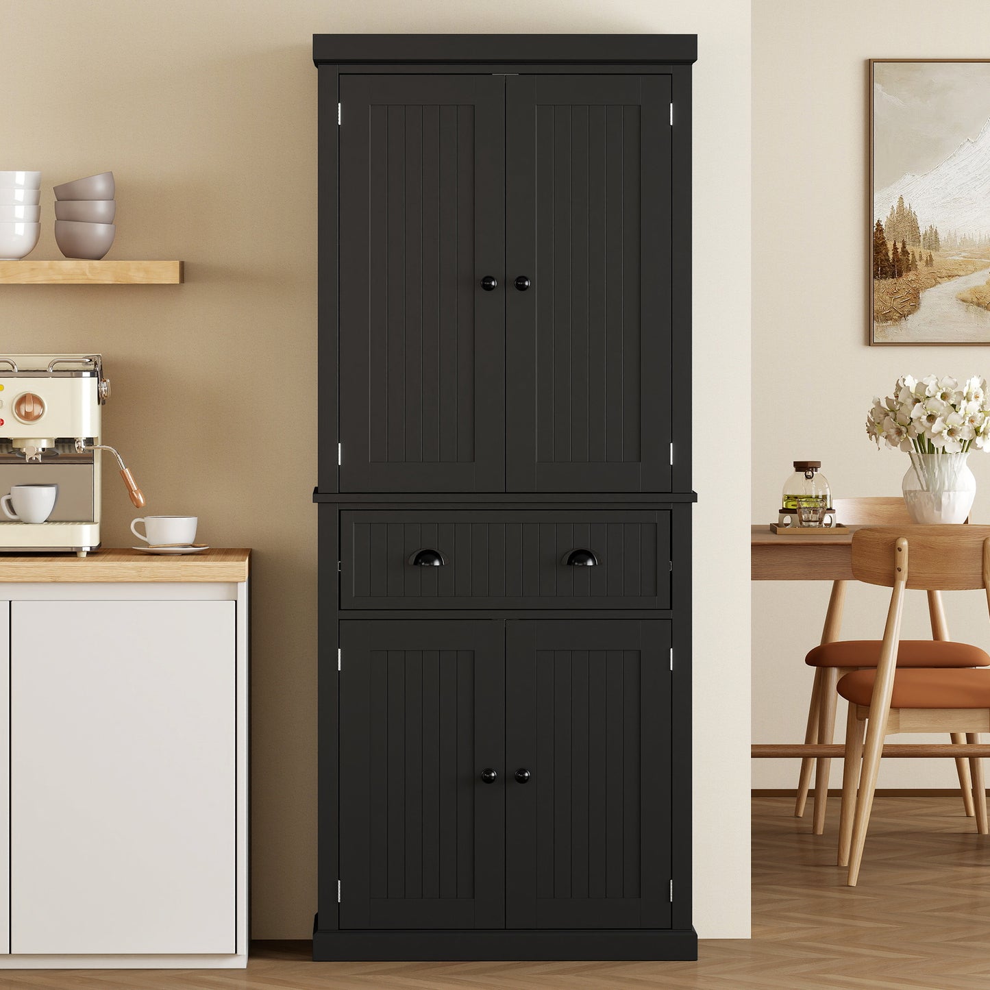 Kitchen Storage Cabinet with Drawer and Adjustable Shelves - Black
