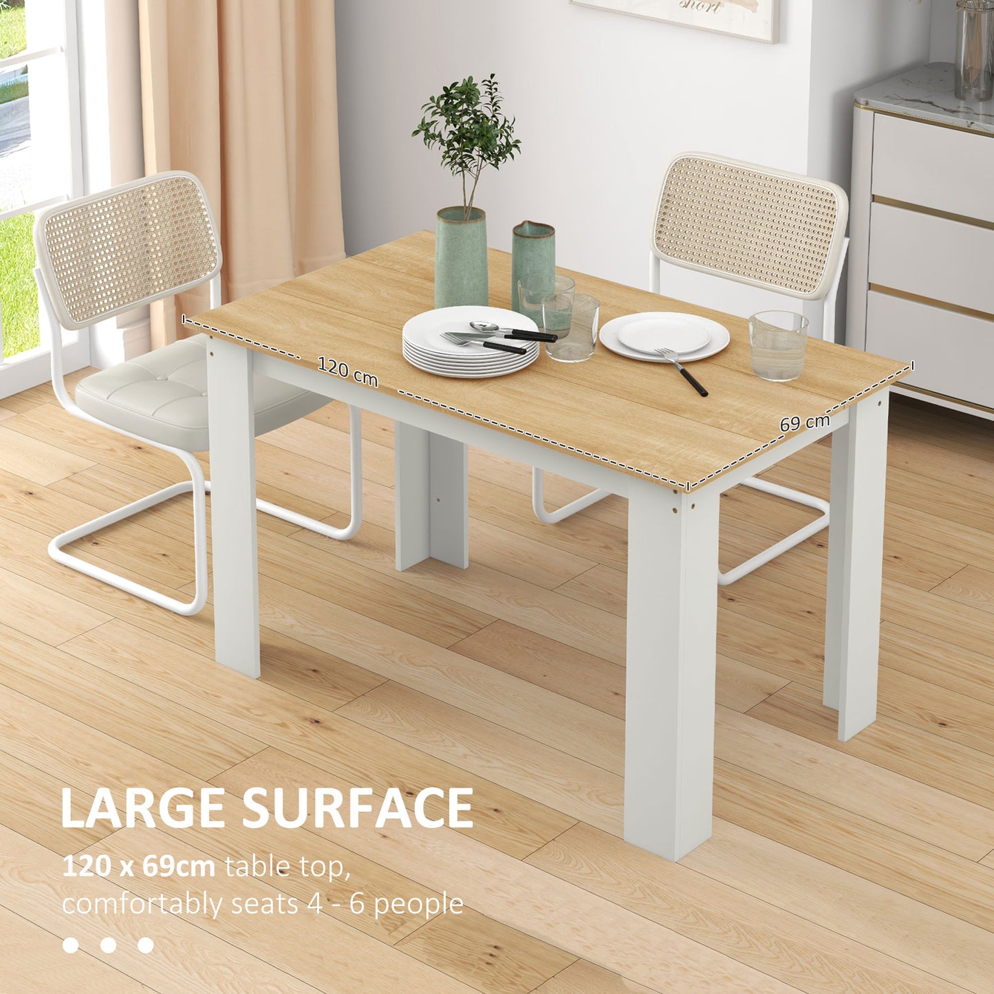 Dining Table for 4-6 People, Kitchen Table with Wood Effect for Dining Room, Oak and White
