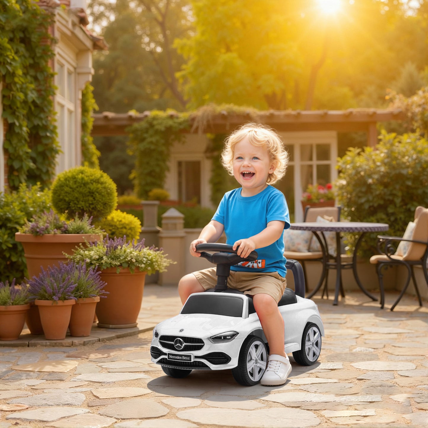 2 in 1 Baby Ride on Push Car Mercedes-Benz C-Class Licensed Walker Foot to Floor Push-Along with Removable Handle, White