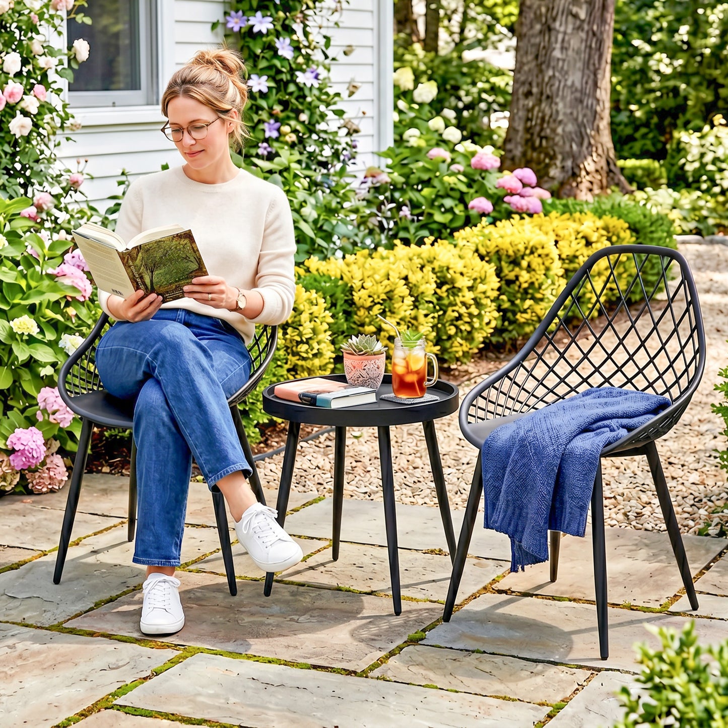 3-Piece Outdoor Bistro Set with 2 Chairs and Round Table for Garden, Balcony, Porch, Black