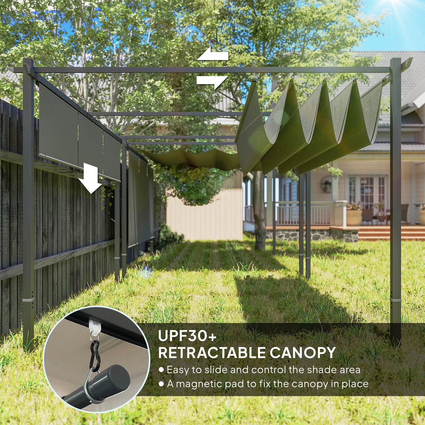 3 x 4m Metal Pergola with Retractable Roof and Roller Shade, Free Standing Garden Gazebo Canopy Pergola Kit