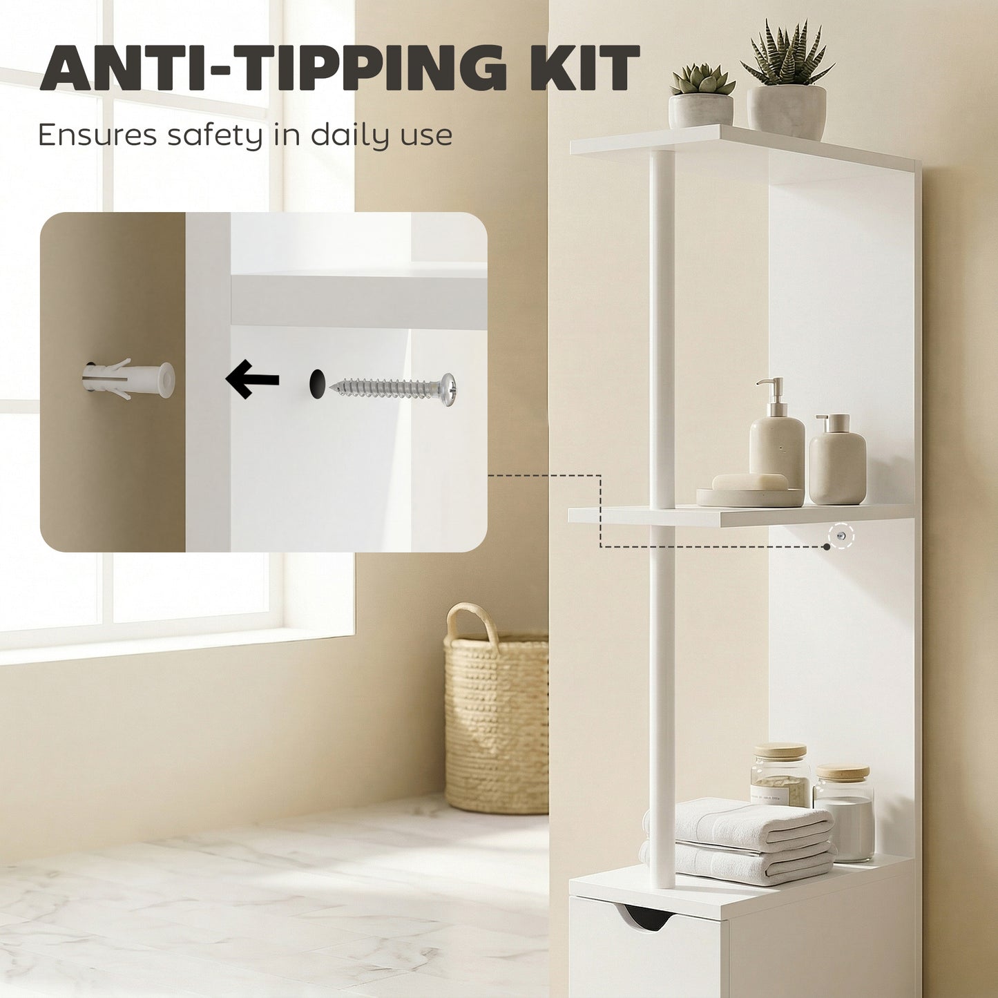Slim Bathroom Storage Cabinet with Drawers, Tall Bathroom Cupboard with 2-Tier Shelf, White