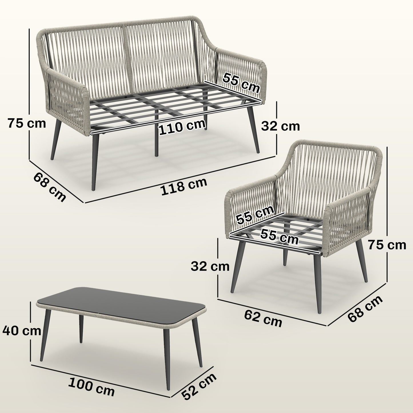 Rattan Garden Furniture Set, 4 Piece Outdoor Patio Furniture with Tempered Glass Table and Chairs