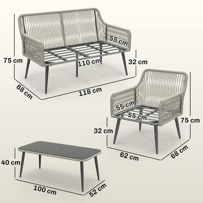 Rattan Garden Furniture Set, 4 Piece Outdoor Patio Furniture with Tempered Glass Table and Chairs