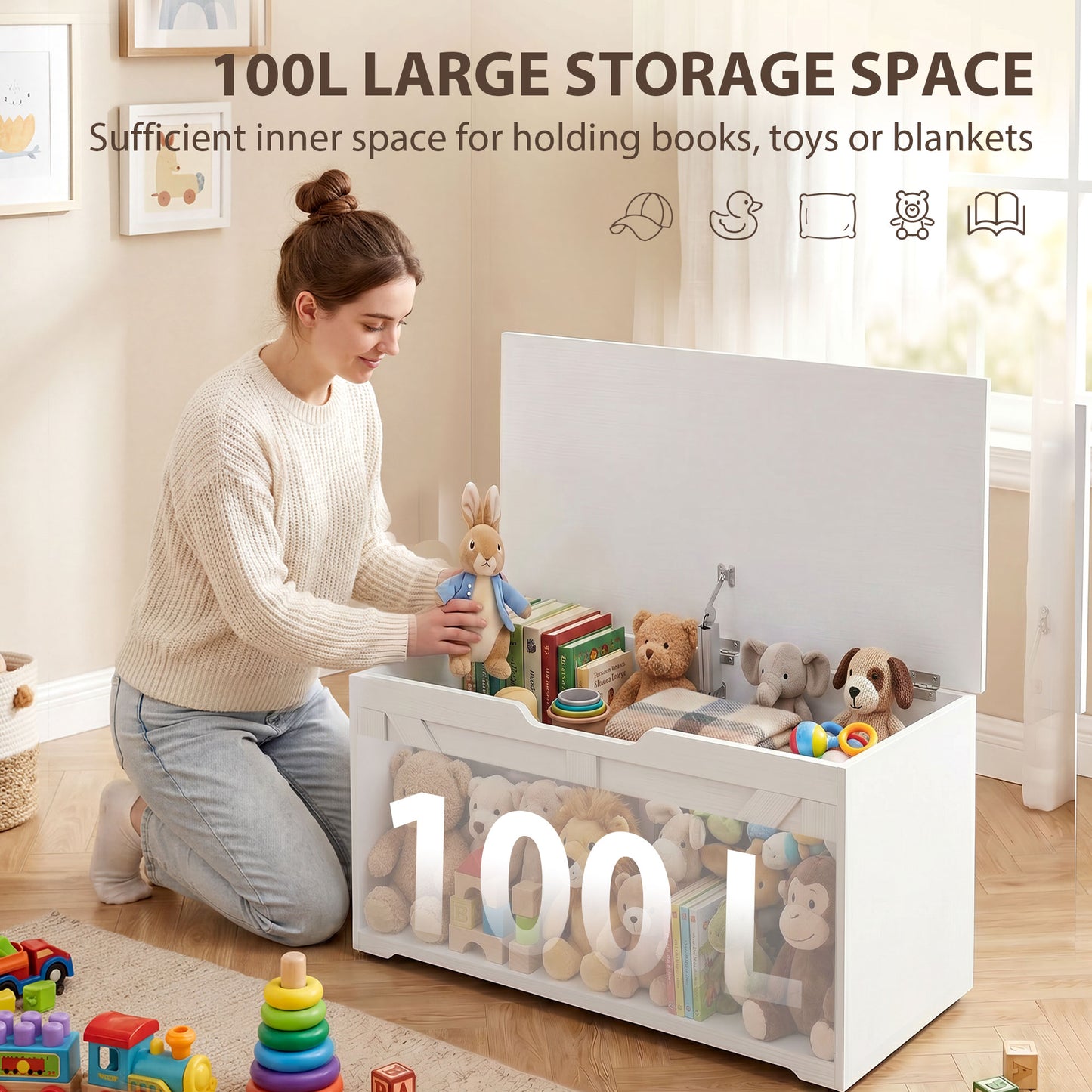 100L Home Storage Box, with Safety Hinge - White Wood-Effect