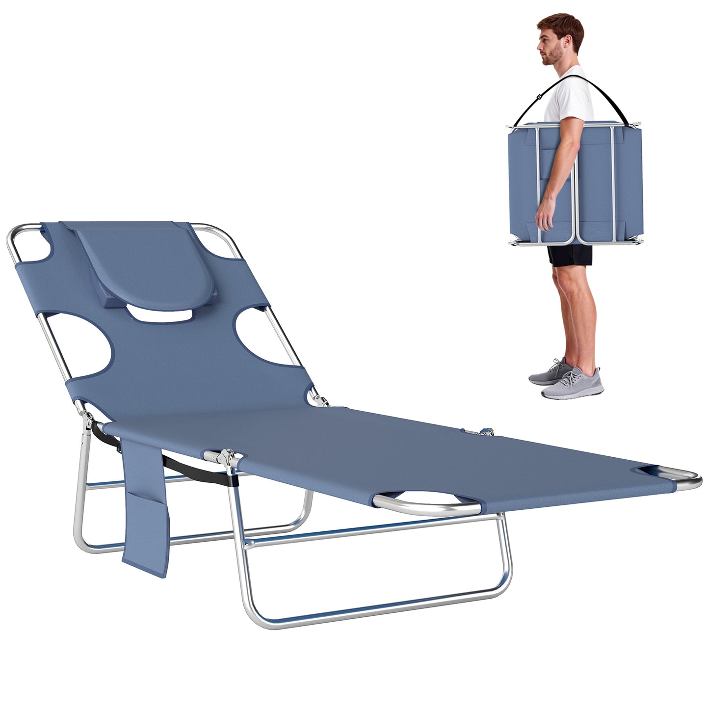 5-Position Adjustable Sun Lounger with Reading Hole and Side Pocket, Grey