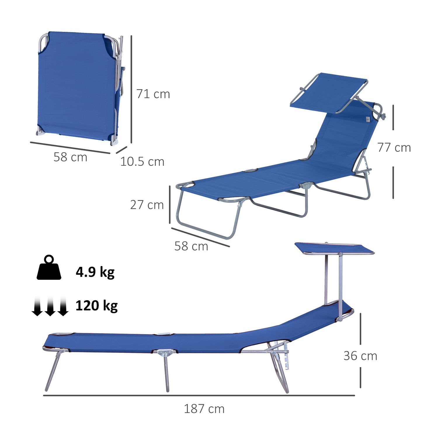 Single Sun Lounger, with Awning and Reclining Back - Blue
