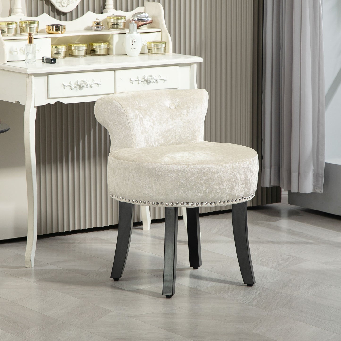 Dressing Table Stool with Rubber Wood Legs, Ice Velvet Vanity Stool for Living Room Bedroom, Beige