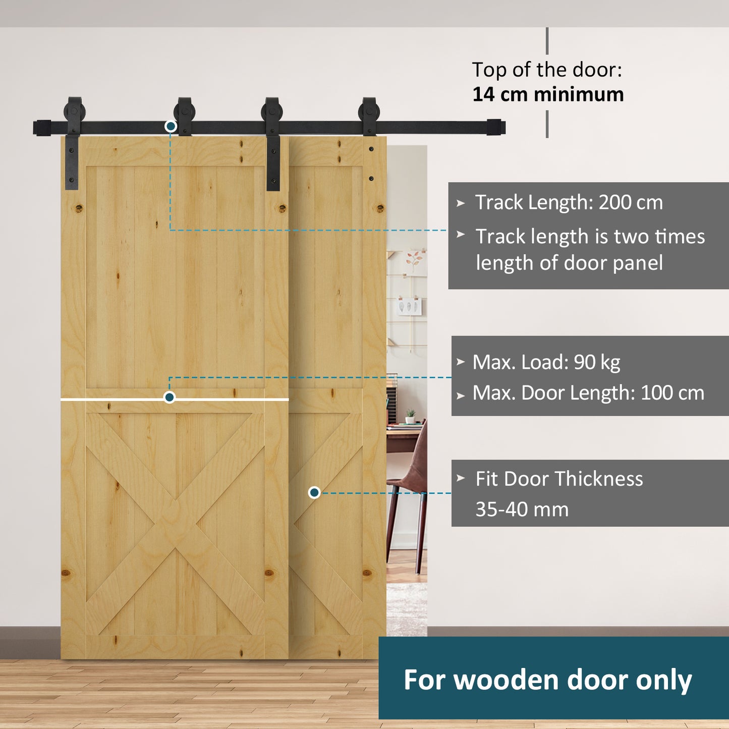 6.6FT/200cm Sliding Barn Door Hardware Track Kit, 90kg Heavy Duty Carbon Steel Sliding Door Rail for 2 Doors, Black