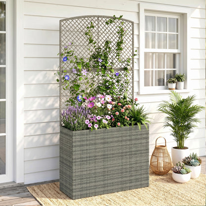 Rattan Planter with Trellis, Raised Beds for Garden with Liner for Climbing Plants Vegetables Flowers, Dark Grey