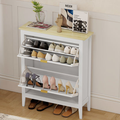 Narrow Shoe Cabinet, Boho Slim Shoe Storage Cabinet with 2 Flip Drawers, Holds 14 Pairs, White