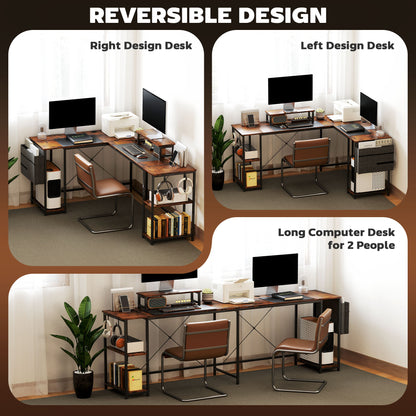 168cm Reversible L Shaped Desk, Industrial Corner Computer Desk with Adjustable Shelf and Storage Bag
