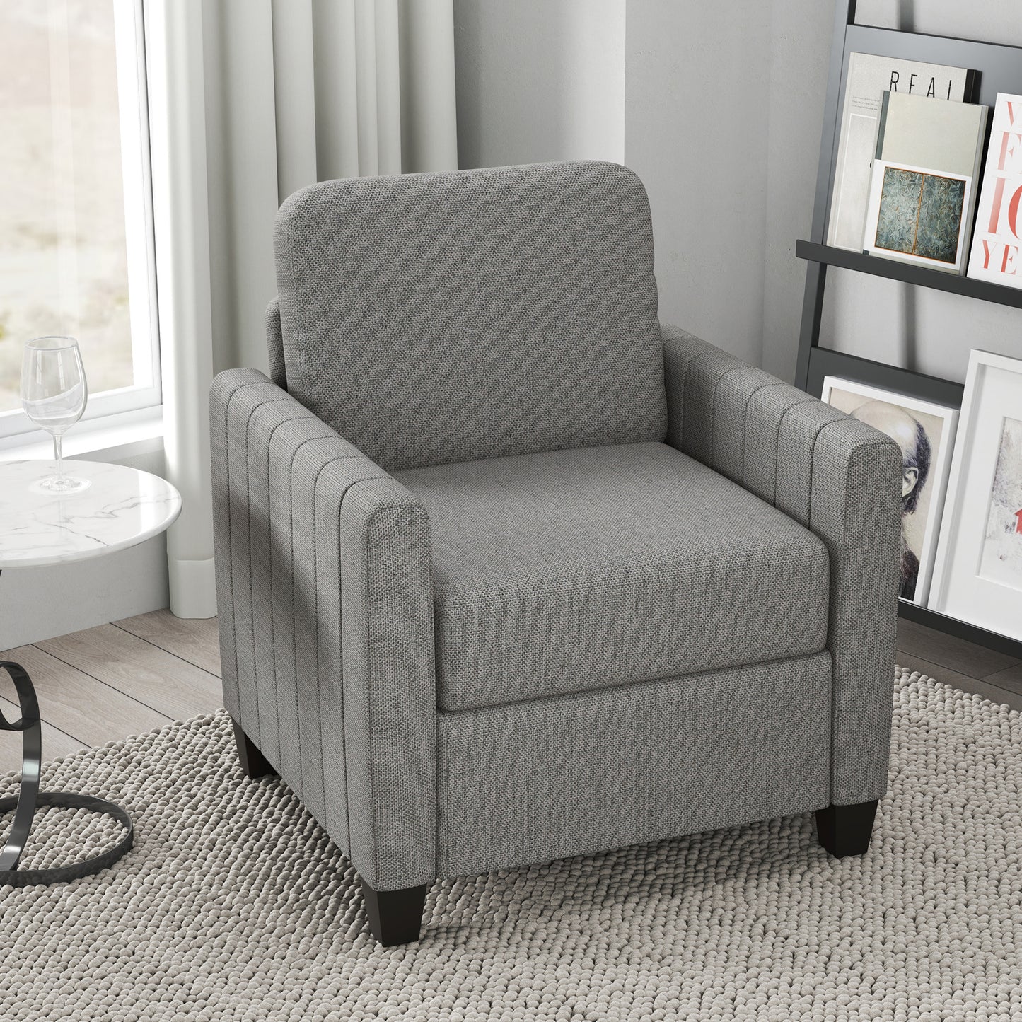 Modern Boxy Linen-Look Armchair - Light Grey