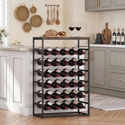30 Bottles Wine Rack, 6 Tier Free Standing Wine Storage Holder with Wood Effect Tabletop, Rustic Brown