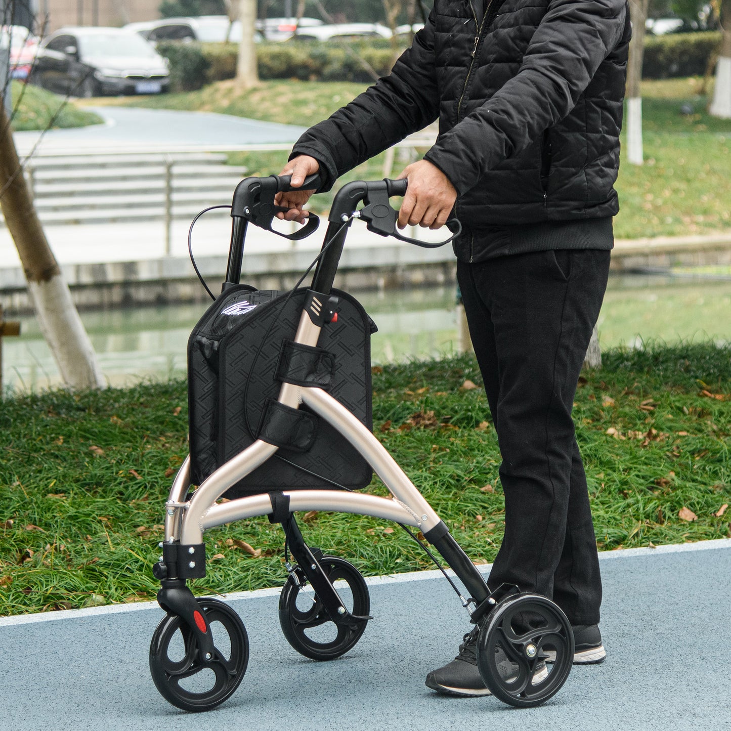 3 Wheel Rollator, Lightweight Aluminium Tri Walker with Adjustable Handle, Storage Bag and Dual Brakes, 5.3kg, Gold Tone